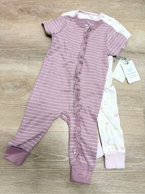 cloud island Pink Stripe and Cream Floral Baby Footie Set
